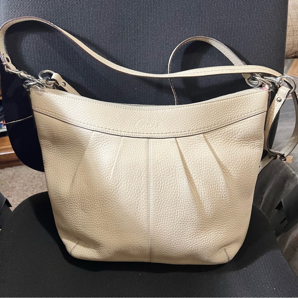 Coach Soho Pebbled Leather Pleated Crescent Hobo Bag in Bone + Pink - F13764